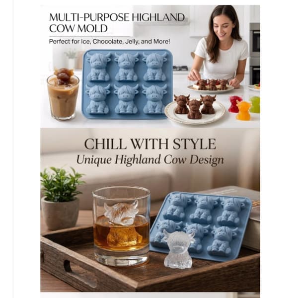 Highland-ku isform 3D isbitform for drinker og baking — 6-hulls silikonform, gjenbrukbar flerfarget, EU designpatent Blå