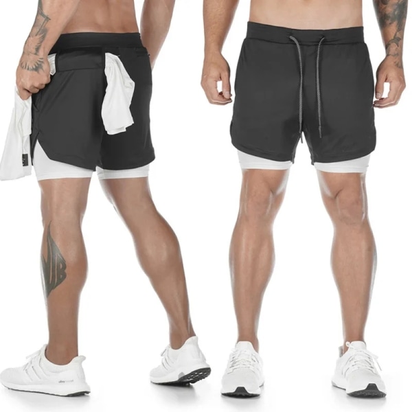 Camo Löparbyxor Herr Gym Sportshorts 2 i 1 Snabbtorkande Träning Gym Fitness Jogging Shorts Sommar Herr Shorts L White