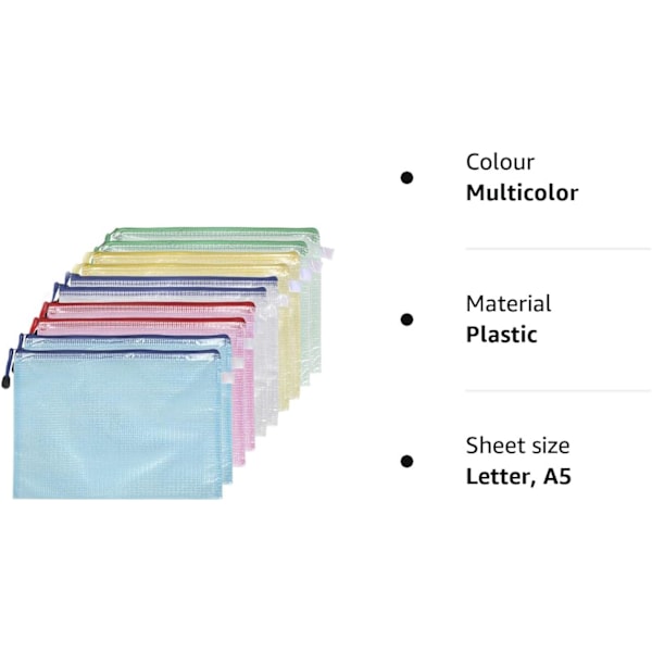 10 stk A5 Plastlommer, Zip-poser A5 Net Dokumentmappe til Filopbevaring, Skole