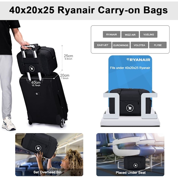 Ryanair Kabinväska 40x20x25 Resväska Hopfällbar Under Sätet Kabinväska Vattentät Weekendväska Lätt Handbagage 1231