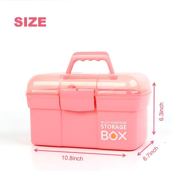 Storage Box with Removable Tray and Lid, Multifunctional Container Small Plastic Art Storage Box with Compartments, Craft Box (Pink)