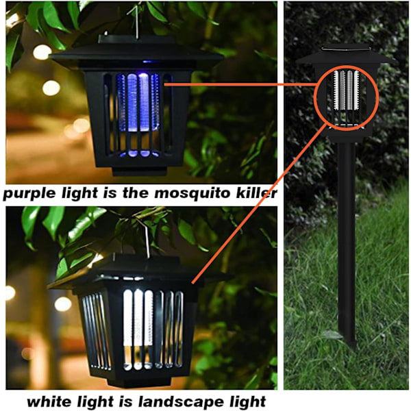2 kpl, Ulkokäyttöön tarkoitettu aurinkokennoilla toimiva hyttysten tappolamppu sisä- ja ulkokäyttöön, Aurinko hyönteisansa ulkokäyttöön vedenpitävä LED Solar Mosquito Za-X71-