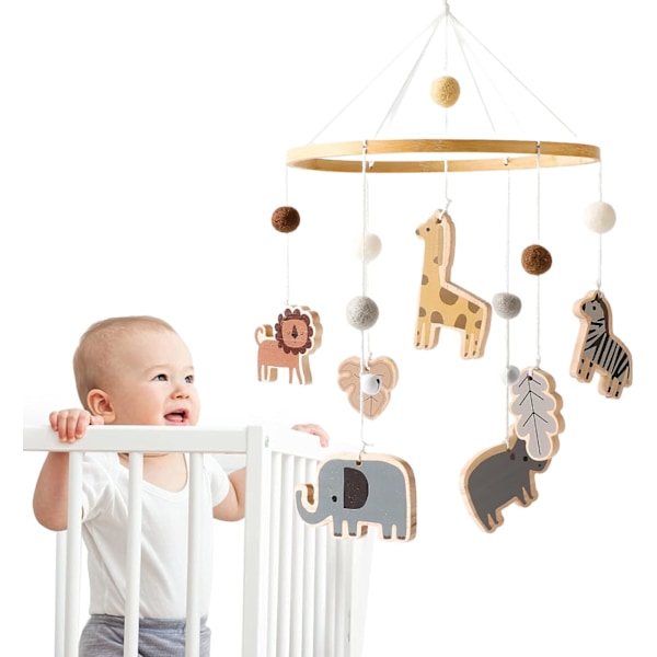 Promise Babe Babymobil med Dyr Klokker med Filtkugler Giraf Løve Elefant Zebra Mobil Babyværelse Træ Hæklet Mobil Nyfødt Dreng Pige Flodhest Blad