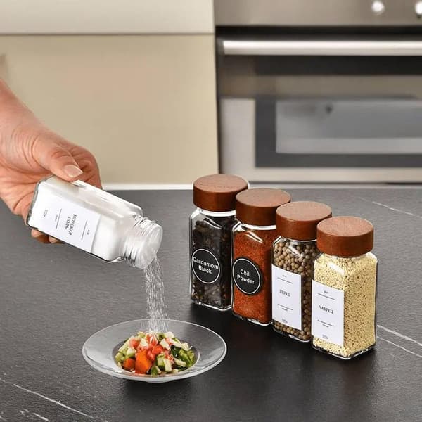 12 Pcs Square Glass Spice Jars, Transparent Storage Containers, Kitchen Spice Organizer