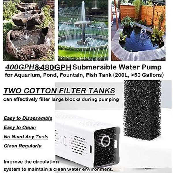 SAYTAY Ultra Stille Akvariumfilter 4-i-1 Internt, 500-1800L/H Nedsænkbar Vandpumpe Luftning Bølgebryder Vandskift til Betta