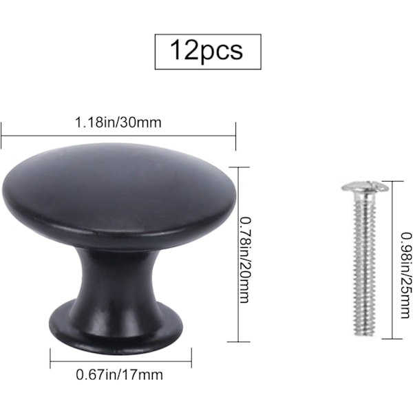 Set med 12 runda dörrknoppar, modern svart skåpknopp, lådhandtag - X71 -