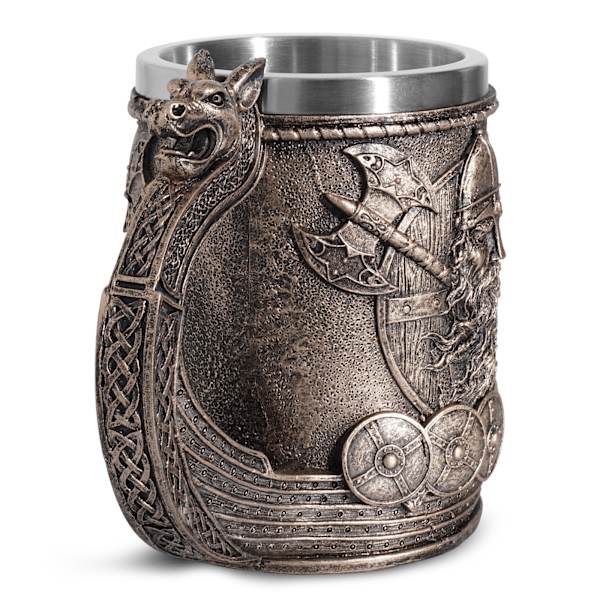 Rostfritt stål medeltida nordisk vikingaskepp öl kaffemugg bronsfärg vikingakrigare drickmugg för samlingspresent