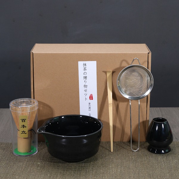 Keramisk tesæt, inklusive matcha-skål, matcha-vispeholder og matchavisp, 5-delt sæt sort-XF6- black