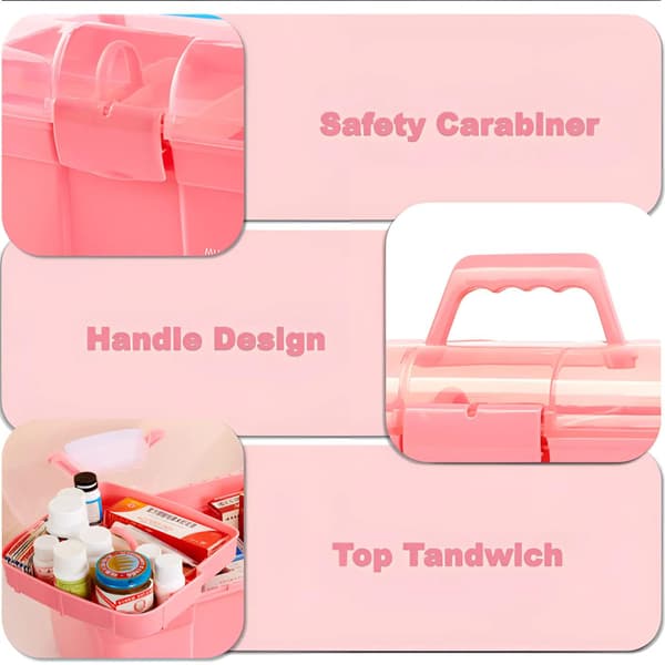 Storage Box with Removable Tray and Lid, Multifunctional Container Small Plastic Art Storage Box with Compartments, Craft Box (Pink)