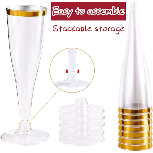 50 stk Champagne-glas med guldkanter 150ml, genanvendelige champagneglas med fod til havebryllup, dagsfester, brusebadsfester (5 x 17cm)