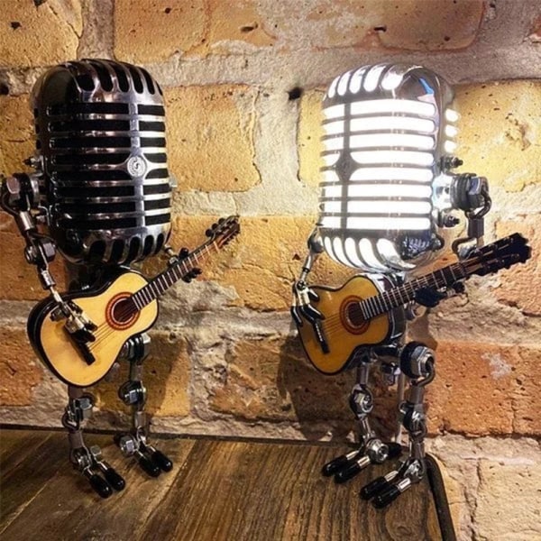 Vintage Mikrofon Robot Lampa Spela Gitarr Skrivbord LED Lampa Vintage Miniatyrer Hantverk Belysning Kontor Heminredning White