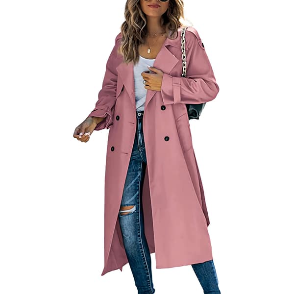 Women's Double-Breasted Long Trench Coat, Windproof Classic Slim Jacket PINK