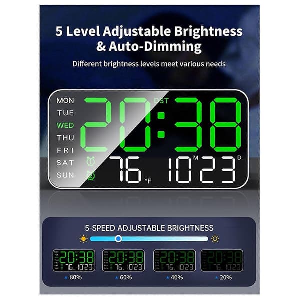 8.4 inch Large Digital Wall Clock, LED Alarm Clock with Large Digits, Date, Temperature, Daylight Saving Time, for Room, Be