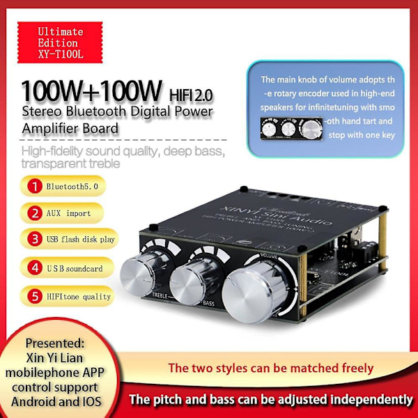 Bluetooth 5.0 100W+100W Kraftfuld Subwoofer Forstærkerplade 2.1 Kanals Klasse D Hjemmeaudio Stereo Equalizer