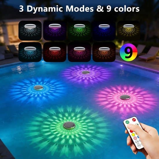 Solar Powered Floating Pool Lights (2-Pack) – With Remote Control, 12 Light Modes & Timer – IP67 Waterproof for Above-Ground & In-Ground Pools, Party