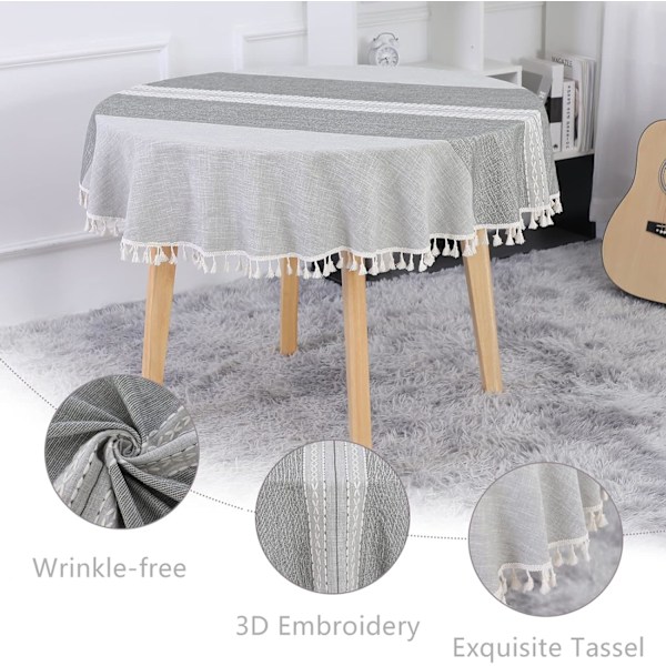 Rund bordsduk 140cm Grå Tvättbar Linne & Bomull Duk Fläckbeständig med Tofs, Randig Broderi för Födelsedag, Bröllop, Kaffe Bord
