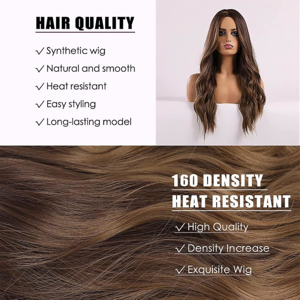 Brun peruk för kvinnor lång lockig peruk Naturlig brunett peruk mittendel Värmebeständig syntetisk 26 tums peruk