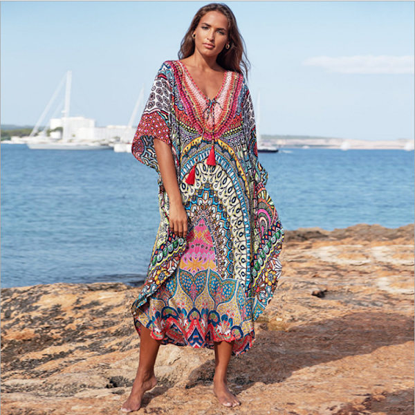 Dame Etnisk Printet Strandnederdel Bikini Overskjorte-X71-