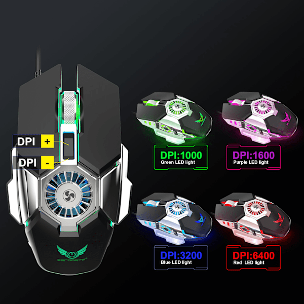 Programmerbar RGB gaming mus med køleblæser, 6400 DPI 4-justerbar kablet optisk letvægts gaming mus med 7 knapper RGB markiseeffekt black
