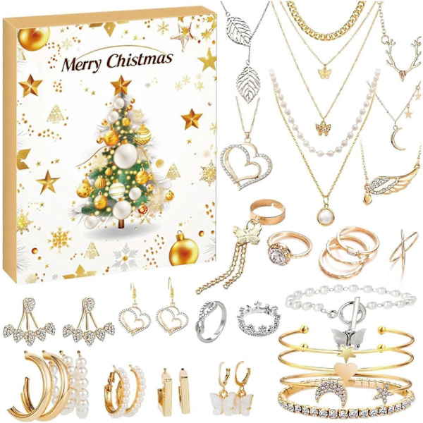 Smykke Adventskalender 2024, 24 Dages Jule-nedtælling Adventskalender, Nedtællingskalender 2024, Trendy Smykkesæt til Voksne Kvinder og T (FMY) Jewelry Advent Calendar