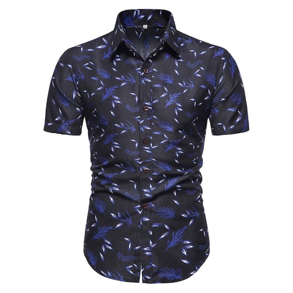 Män Hawaiian Print Lapel Neck Kortärmad Button Up Skjortor Casual Toppar Navy Blue XS