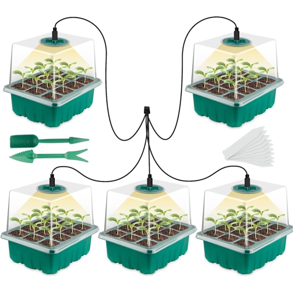 5-delad miniväxthus för plantförökning med fullspektrum LED-växtlampor, lock och ventilation, 10 etiketter, 2 verktyg