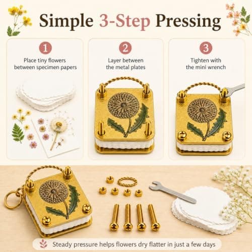 Mini Flower Press Keychain - Handmade Gold Metal Micro Press with 20 Sheets