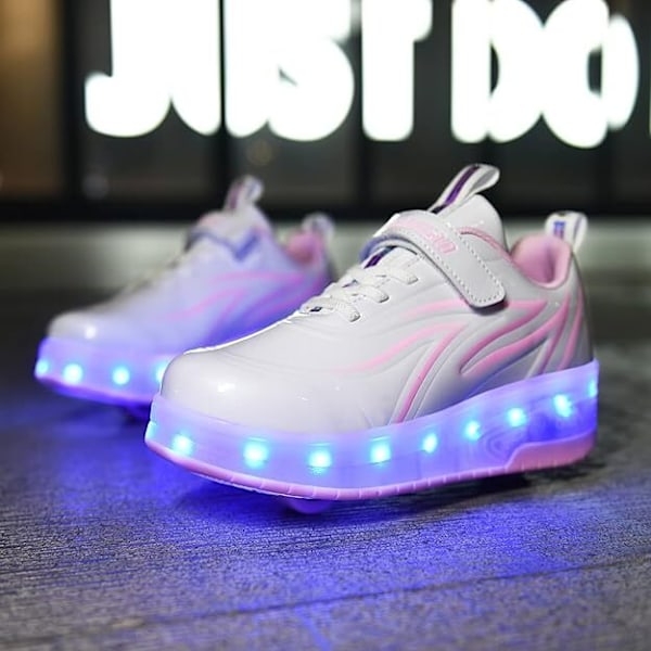 Børne LED USB Genopladelige Enkelthjuls Rulleskøjtesko hvid og pink white and pink 39