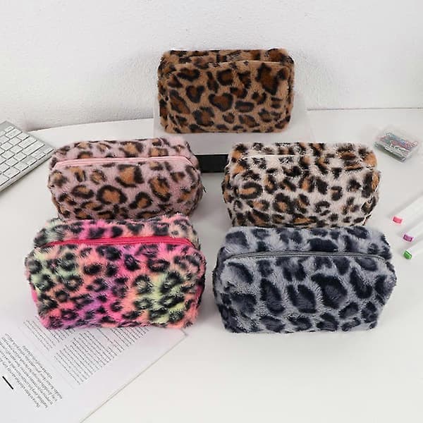 【BQ】Multifunctional Pencil Case with Neon Leopard Pattern - Rainbow Organizer for School, Travel, Cosmetics, and Keys