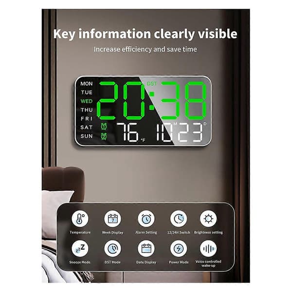 8.4 inch Large Digital Wall Clock, LED Alarm Clock with Large Digits, Date, Temperature, Daylight Saving Time, for Room, Be