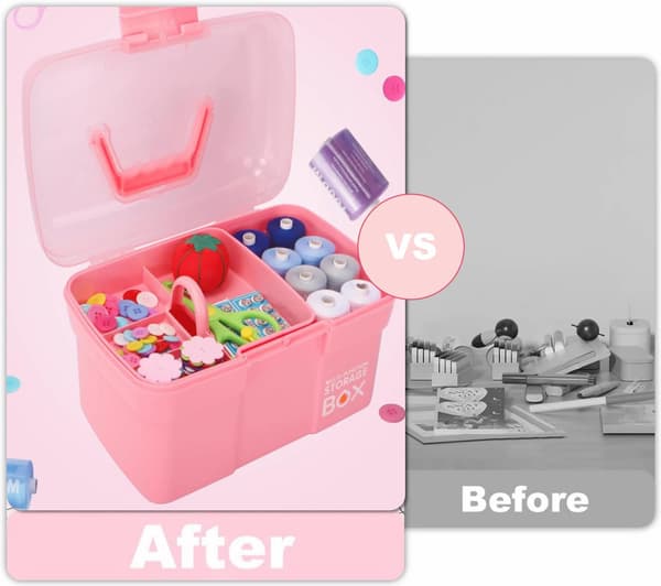 Storage Box with Removable Tray and Lid, Multifunctional Container Small Plastic Art Storage Box with Compartments, Craft Box (Pink)