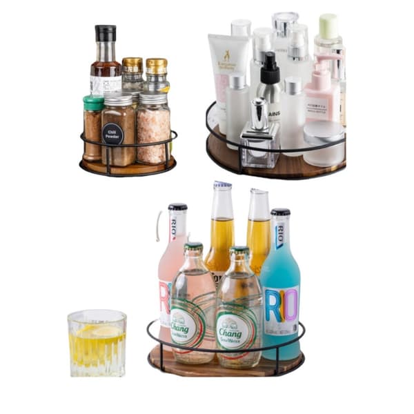 Solid Wood Rotating Storage Tray - Acacia Wood & Iron Organizer with 360° Swivel Function for Kitchen, Bathroom, and Office