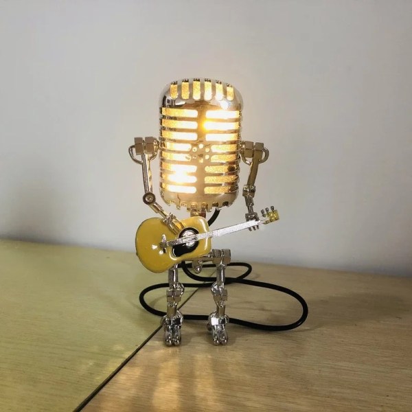 Vintage Mikrofon Robot Lampa Spela Gitarr Skrivbord LED Lampa Vintage Miniatyrer Hantverk Belysning Kontor Heminredning Black