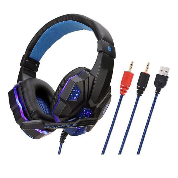 Professionell Bas Stereo Gamer Trådbundna hörlurar Ps4 X Box Headset Med Led Ljus Mikrofon För Dator Laptop Blue
