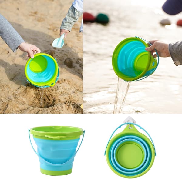 Compact 8-piece foldable bucket set with shovel, rake, double sifter for shark teeth or shells, and castle molds, perfect for outdoor use Blue