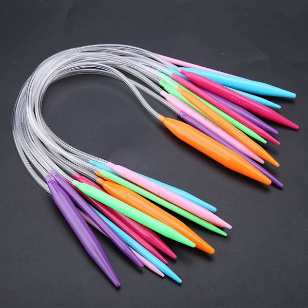 Rundstickor i 12 storlekar, 3,5 mm-12 mm, flerfärgade, runda plastnålar, dubbelspetsiga stickor, stickverktyg (40 cm)