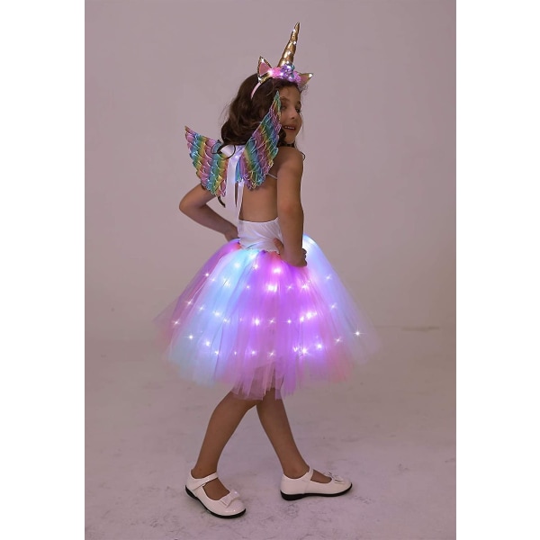 Enhörningsdräkt för flickor Led Light Up Tutu Dress Up Födelsedagspresenter Prinsessklänning till Halloweenfest White Led-sequins 8-9 Years