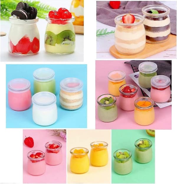 6 st 200ml Yoghurt Pudding Glasburkar med Plastlock Mini Kopp Små Glasflaskor -FQ-