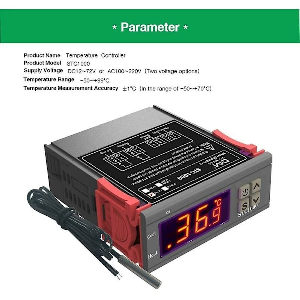 STC-1000 Temperaturregulator, 12V 10A Multifunksjonell Digital Termostat med NTC-sensor for Gjæring, Oppvarming og Kjøling