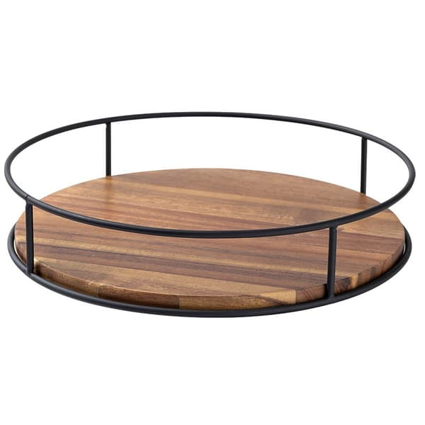 Solid Wood Rotating Storage Tray - Acacia Wood & Iron Organizer with 360° Swivel Function for Kitchen, Bathroom, and Office