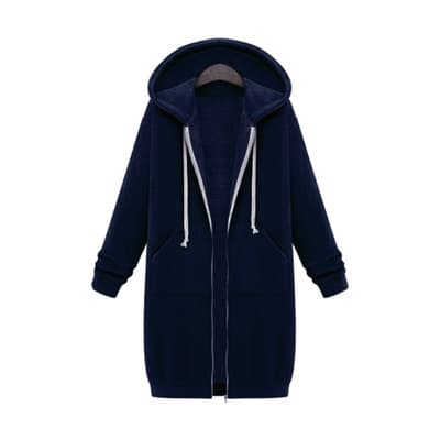 Dame hettegenser med glidelås, lang, plus size marineblå