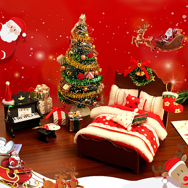 DIY Jul Miniatyrdockhus Kit Realistisk 3D Hus Rom Hantverk med Seng Tepper Pute Piano Lamper Julkrans Juletre Julegave