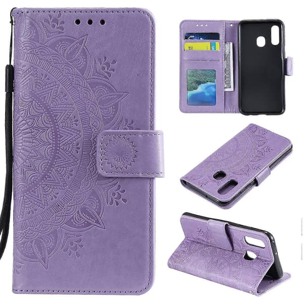 Preget Mandala Blomst Stativ Lommebok Skinnveske til Samsung Galaxy A40 Lilla