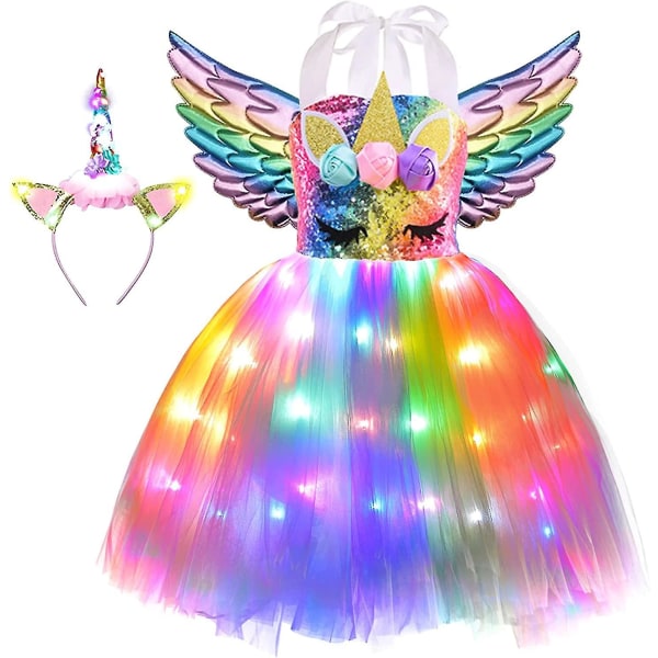 Enhörningsdräkt för flickor Led Light Up Tutu Dress Up Födelsedagspresenter Prinsessklänning till Halloweenfest Rainbow Led-rainbow Sequins 8-9 Years