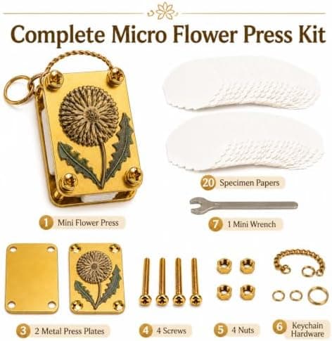 Mini Flower Press Keychain - Handmade Gold Metal Micro Press with 20 Sheets