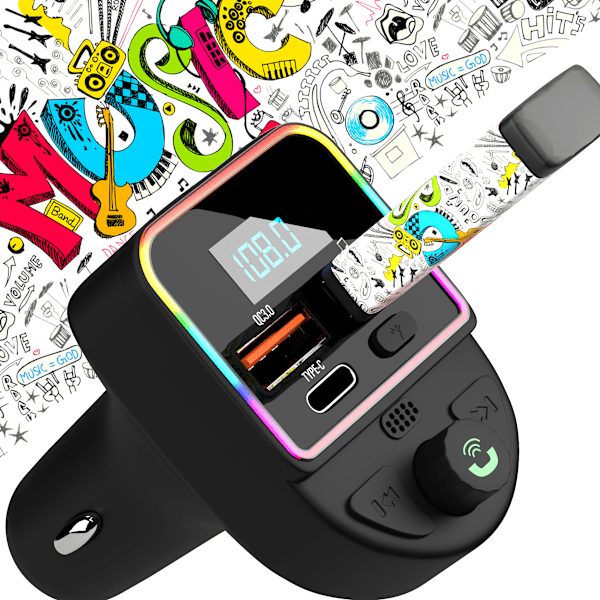 Hurtig Bil Lader Universal 20W Med FM Sender - Bluetooth 5.0  - Svart