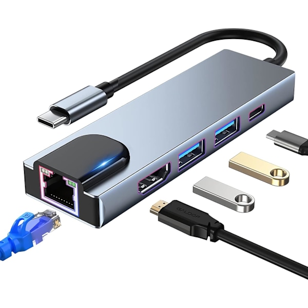 USB-C Hub Monitoiminen Adapteri, 5-in-1 USB-C Telakointiasema 4K HDMI:llä
