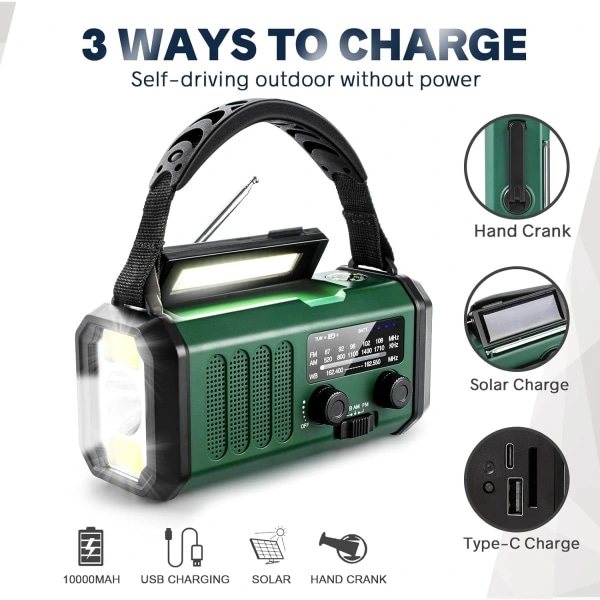 Nödradio med vev, 10000mAh batteri - NOAA/AM/FM väderradio - LED-ficklampa och läslampa - SOS-alarm - WELLNGS