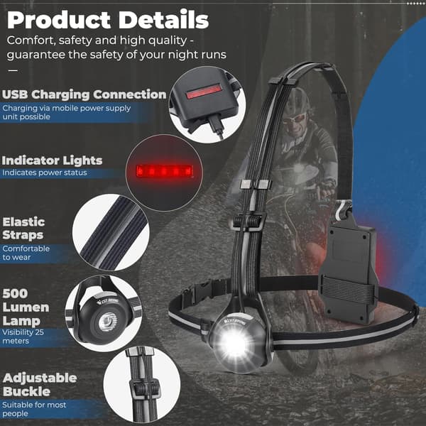 Running Night Light, USB Rechargeable Chest Light, 90° Adjustable Beam Angle, with Reflective Strip, Suitable for Runners.