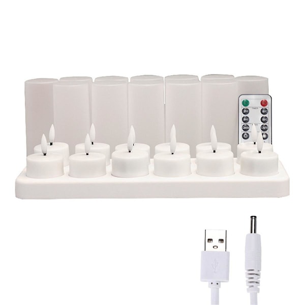 Flammeløse Lys med Fjernbetjening, Timer og Ladestation, 12 stk. USB Genopladelige Batteridrevne LED Varmelys White